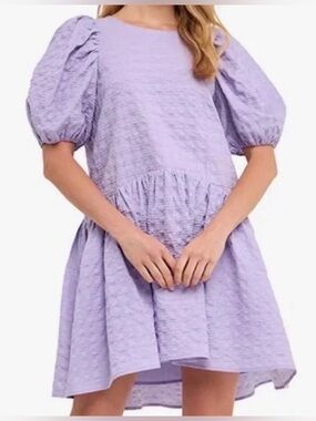 English Factory Penelope Mini Dress Lilac Puff Sleeves Drop Waist Pockets Size L